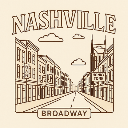 A minimalist, playful graphic of a typographic illustration of the words 'nashville' with a vintage line art drawing of broadway street – a t-shirt design