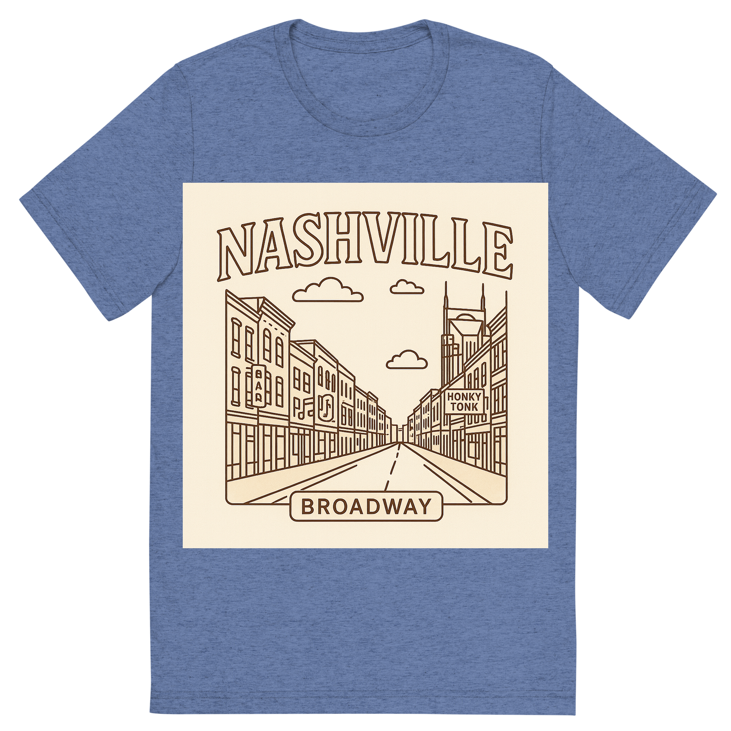 Front view of a Premium Tri-Blend Crew Neck T-Shirt in Blue showing 'A minimalist, playful graphic of a typographic illustration of the words 'nashville' with a vintage line art drawing of broadway street'