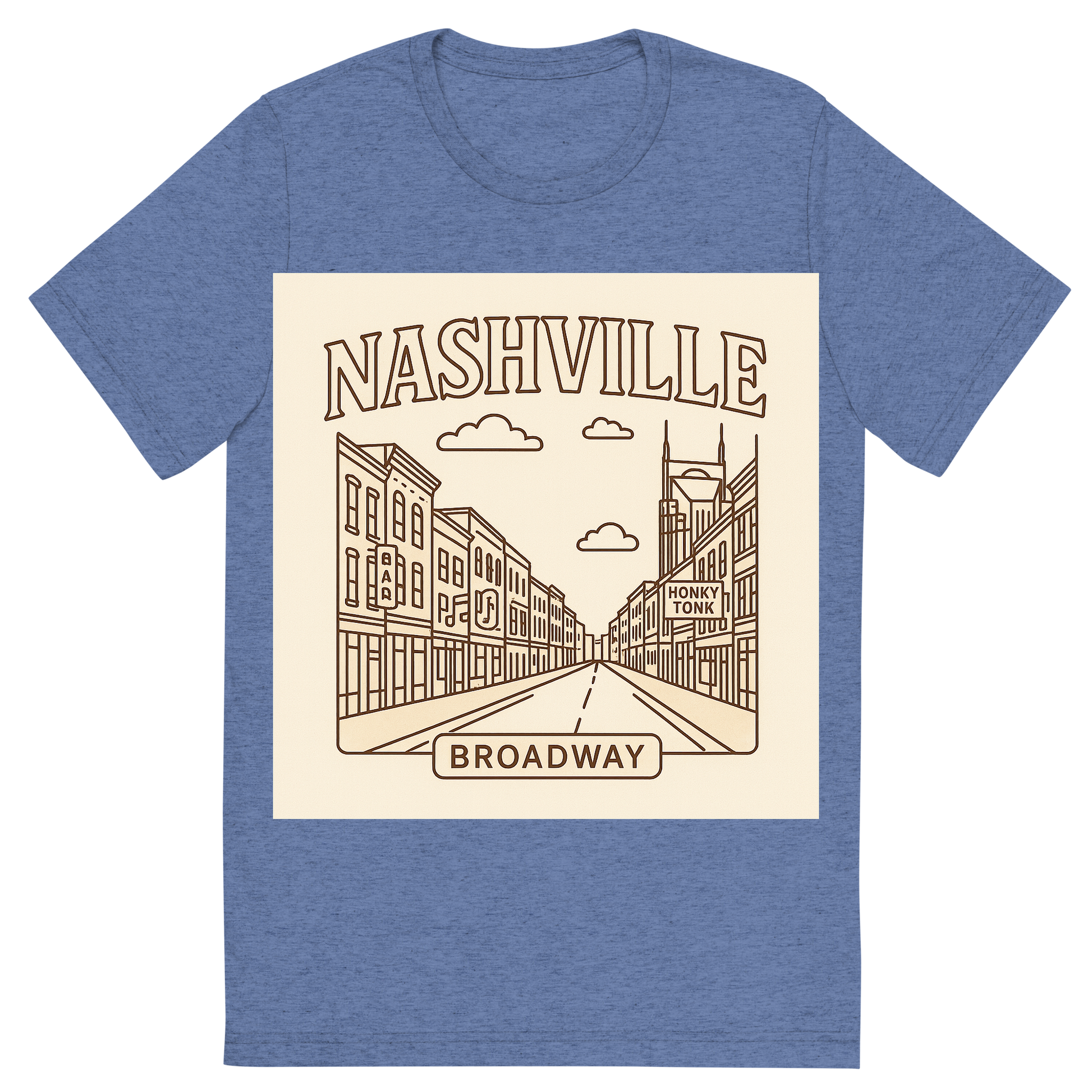 Front view of a Premium Tri-Blend Crew Neck T-Shirt in Blue showing 'A minimalist, playful graphic of a typographic illustration of the words 'nashville' with a vintage line art drawing of broadway street'