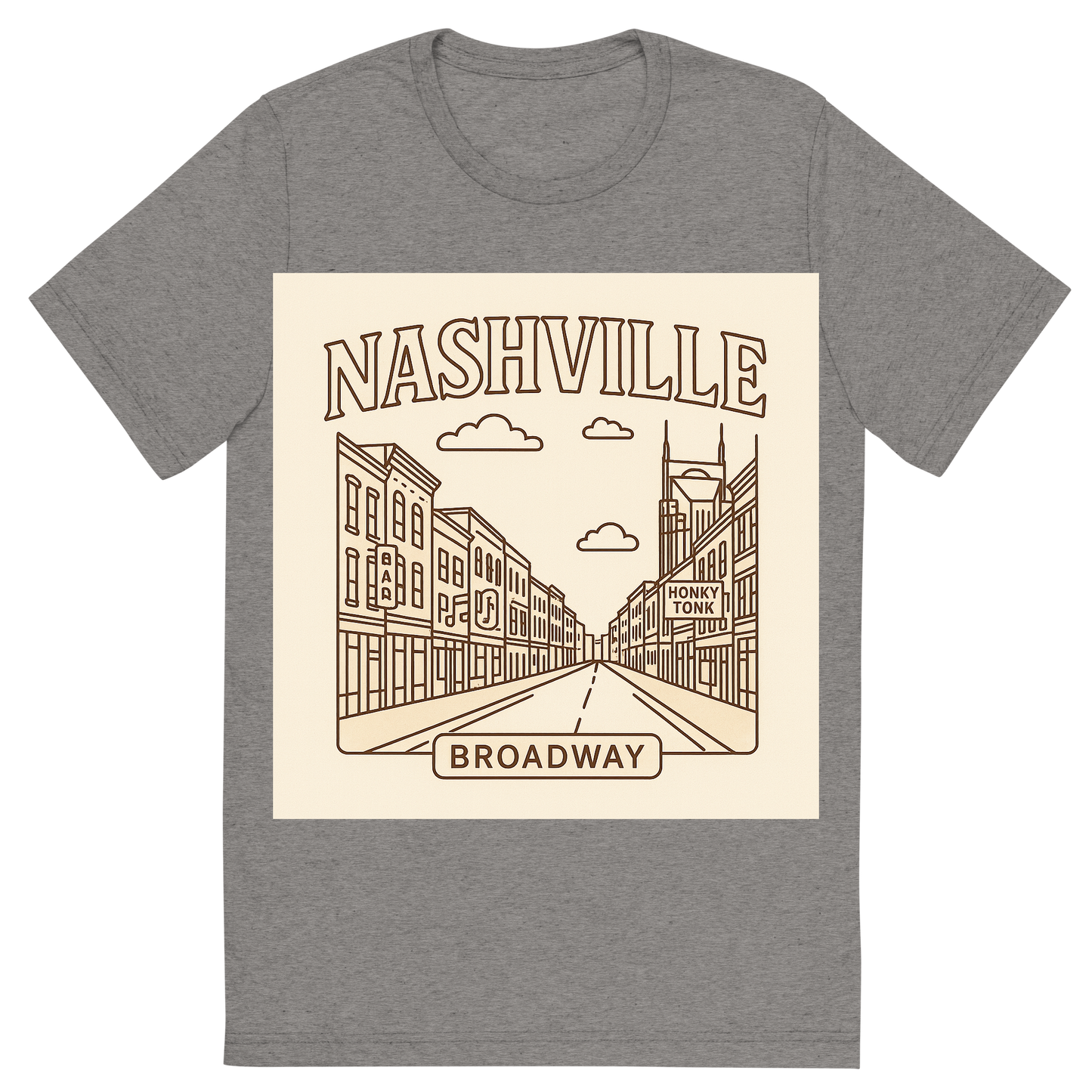 Front view of a Premium Tri-Blend Crew Neck T-Shirt in Grey showing 'A minimalist, playful graphic of a typographic illustration of the words 'nashville' with a vintage line art drawing of broadway street'