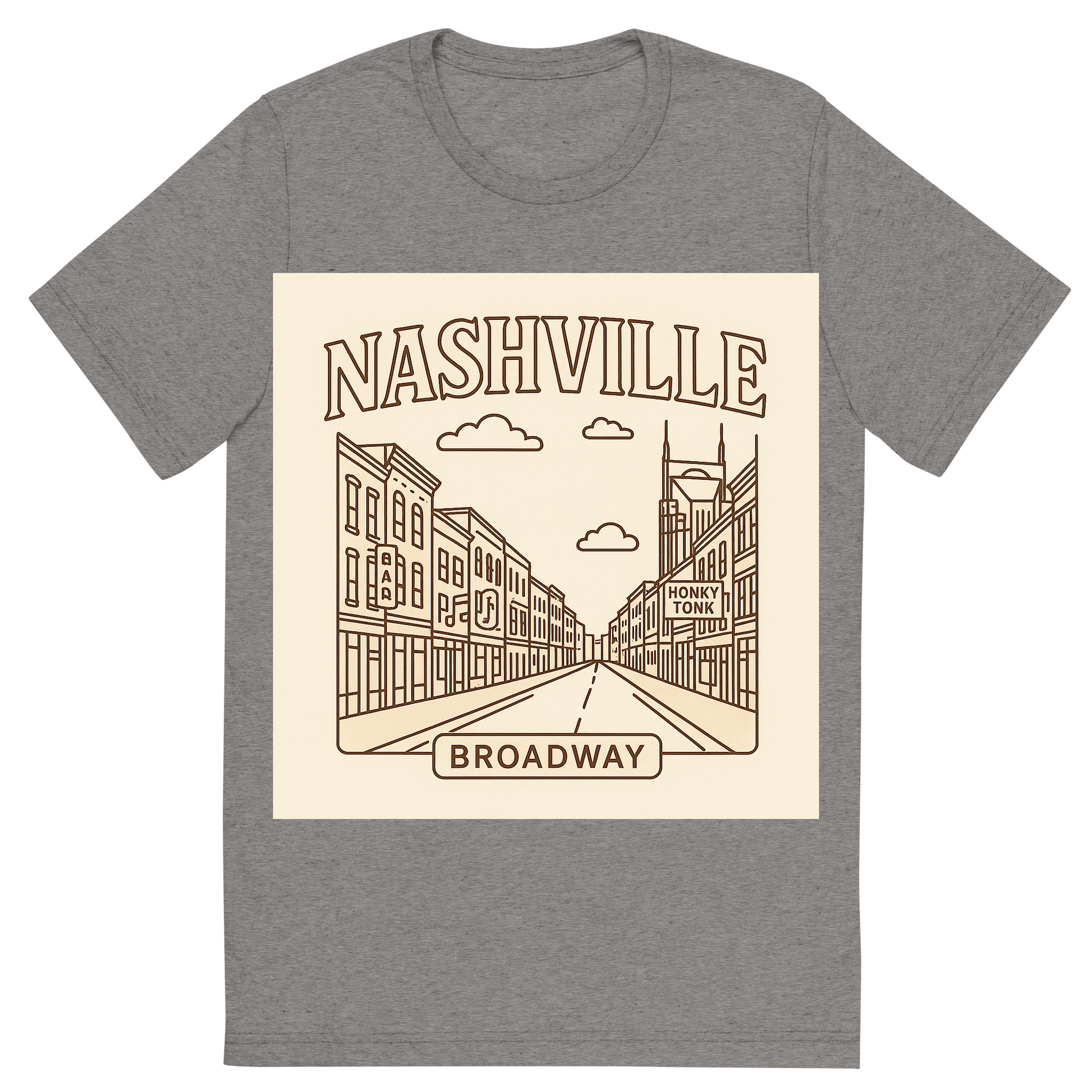 Front view of a Premium Tri-Blend Crew Neck T-Shirt in Grey showing 'A minimalist, playful graphic of a typographic illustration of the words 'nashville' with a vintage line art drawing of broadway street'
