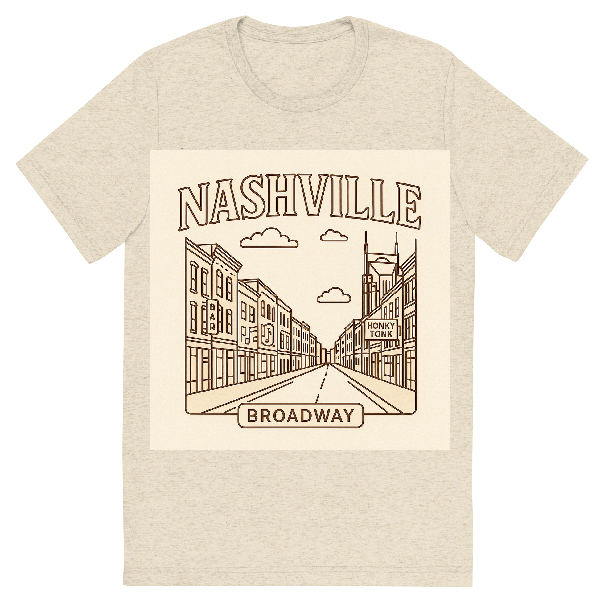 Front view of a Premium Tri-Blend Crew Neck T-Shirt in Oatmeal showing 'A minimalist, playful graphic of a typographic illustration of the words 'nashville' with a vintage line art drawing of broadway street'