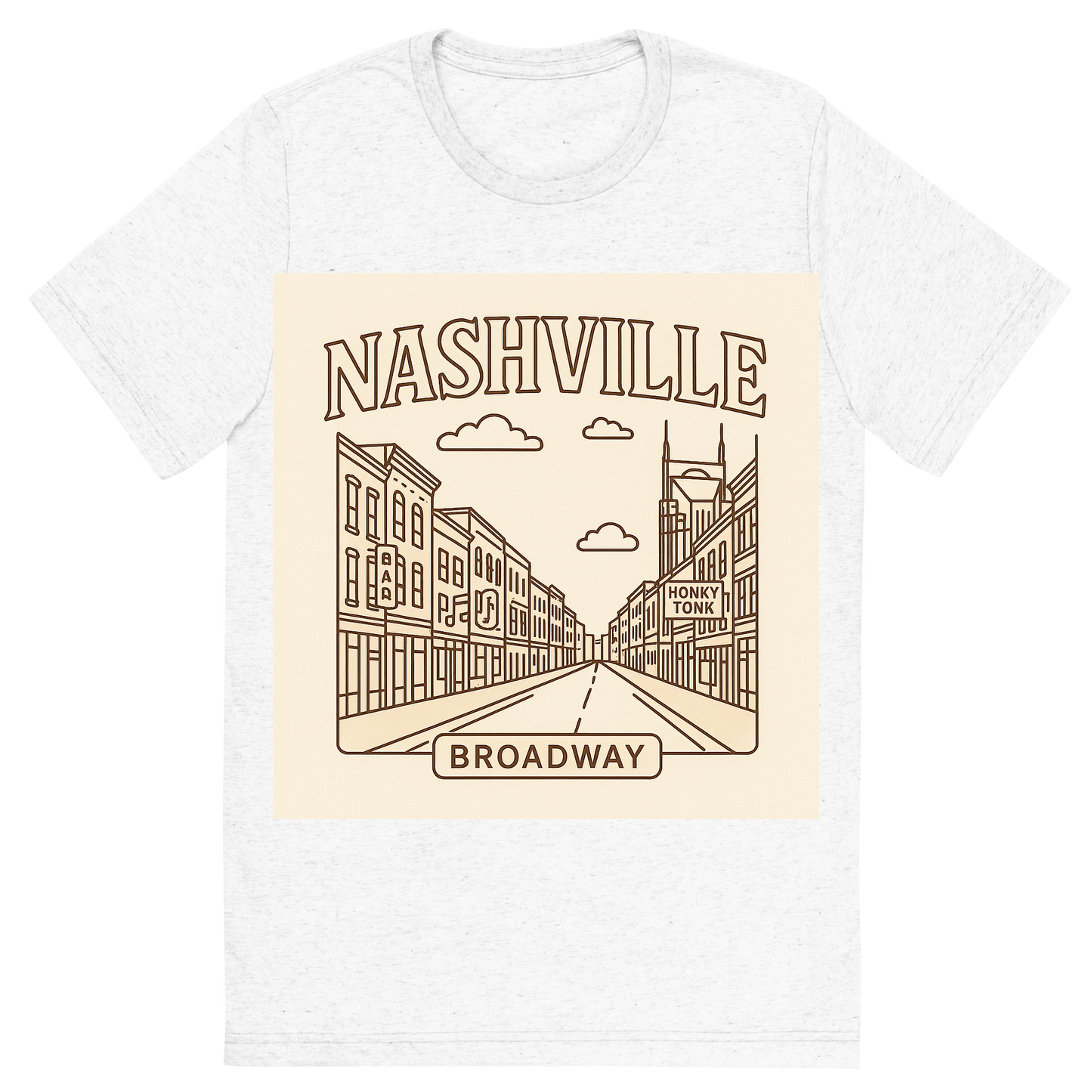 Front view of a Premium Tri-Blend Crew Neck T-Shirt in Solid White showing 'A minimalist, playful graphic of a typographic illustration of the words 'nashville' with a vintage line art drawing of broadway street'