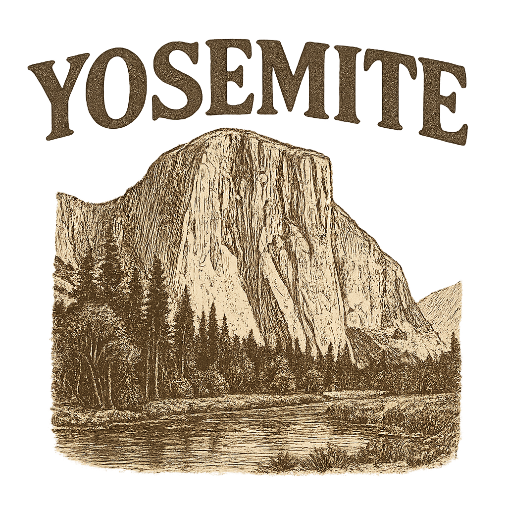 A typographic, nostalgic graphic of a typographic illustration of the words 'yosemite' with a vintage line art drawing of el capitan – a t-shirt design