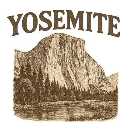 A typographic, nostalgic graphic of a typographic illustration of the words 'yosemite' with a vintage line art drawing of el capitan – a t-shirt design
