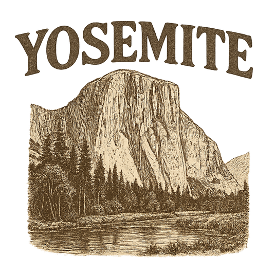 A typographic, nostalgic graphic of a typographic illustration of the words 'yosemite' with a vintage line art drawing of el capitan – a t-shirt design