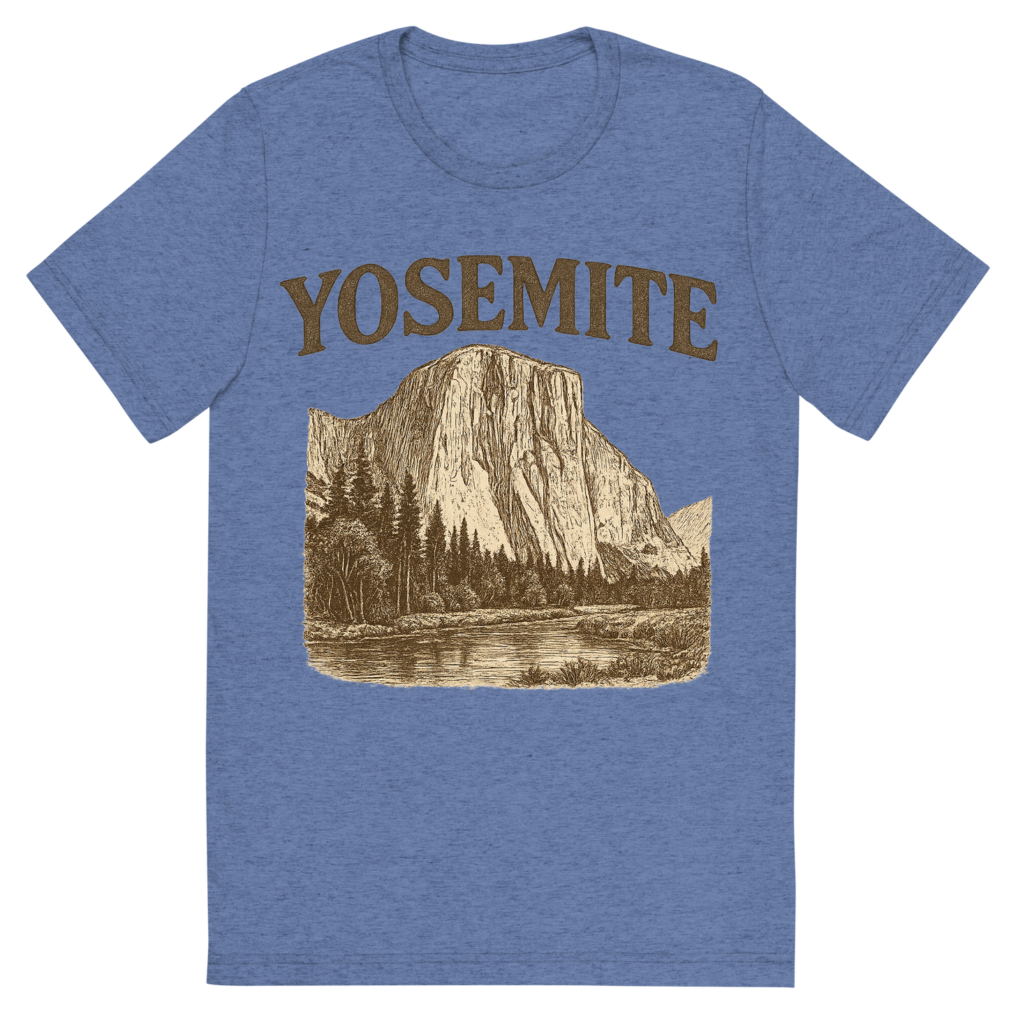 Front view of a Premium Tri-Blend Crew Neck T-Shirt in Blue showing 'A typographic, nostalgic graphic of a typographic illustration of the words 'yosemite' with a vintage line art drawing of el capitan'