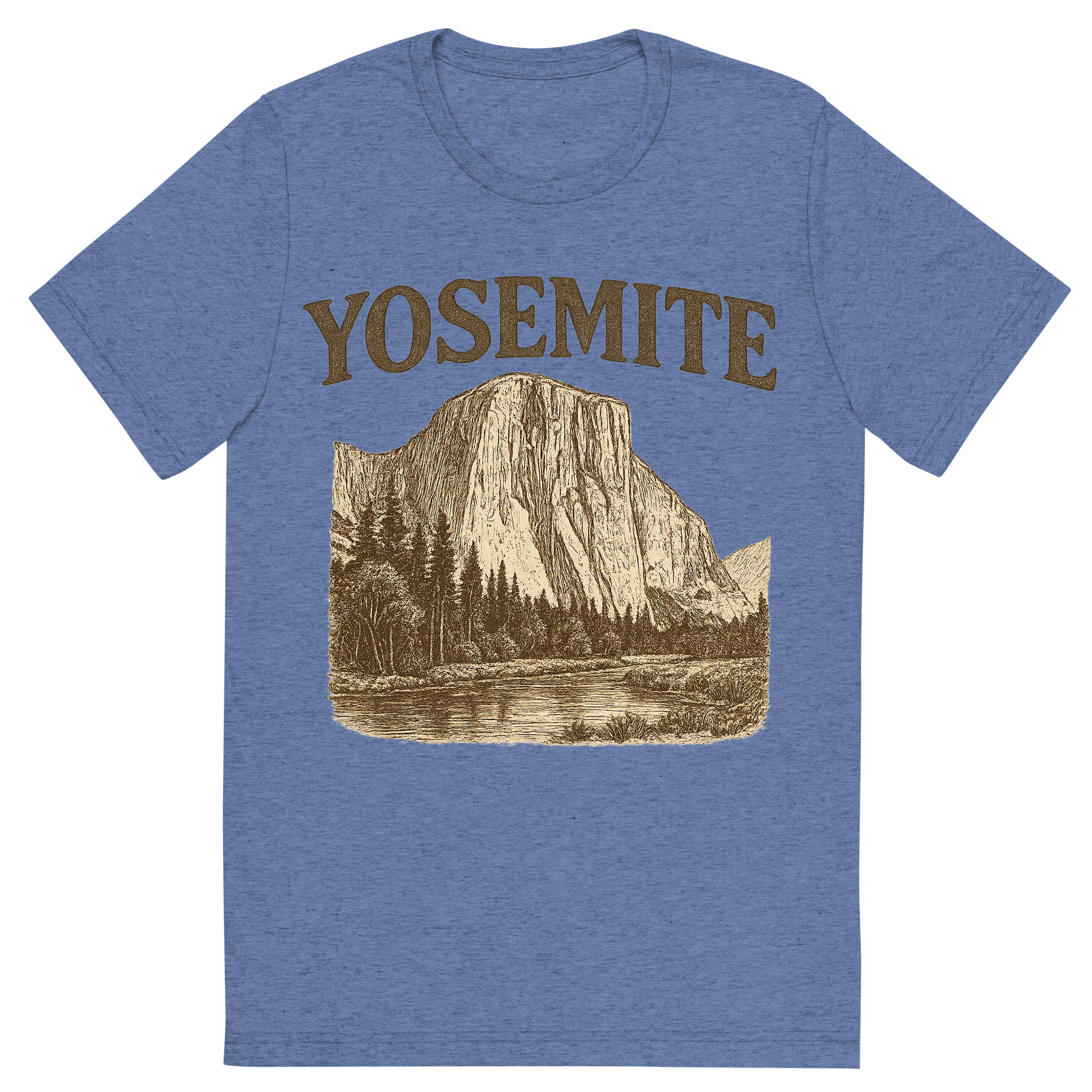 Front view of a Premium Tri-Blend Crew Neck T-Shirt in Blue showing 'A typographic, nostalgic graphic of a typographic illustration of the words 'yosemite' with a vintage line art drawing of el capitan'