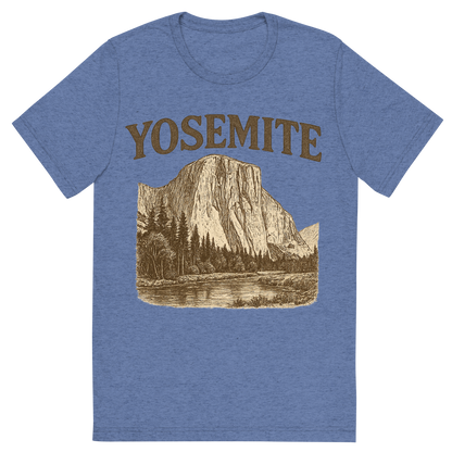 Front view of a Premium Tri-Blend Crew Neck T-Shirt in Blue showing 'A typographic, nostalgic graphic of a typographic illustration of the words 'yosemite' with a vintage line art drawing of el capitan'