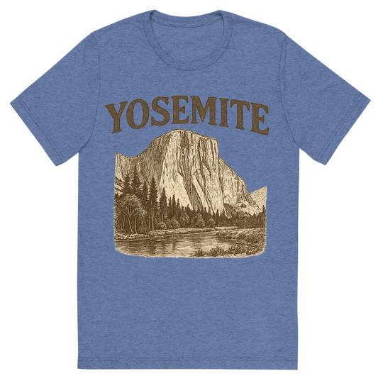 Front view of a Premium Tri-Blend Crew Neck T-Shirt in Blue showing 'A typographic, nostalgic graphic of a typographic illustration of the words 'yosemite' with a vintage line art drawing of el capitan'