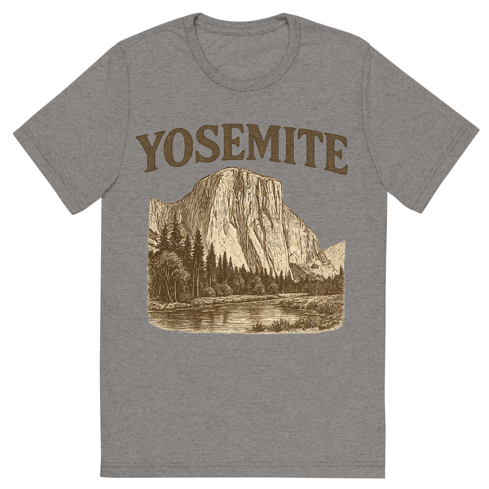 Front view of a Premium Tri-Blend Crew Neck T-Shirt in Grey showing 'A typographic, nostalgic graphic of a typographic illustration of the words 'yosemite' with a vintage line art drawing of el capitan'