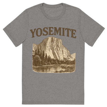 Front view of a Premium Tri-Blend Crew Neck T-Shirt in Grey showing 'A typographic, nostalgic graphic of a typographic illustration of the words 'yosemite' with a vintage line art drawing of el capitan'
