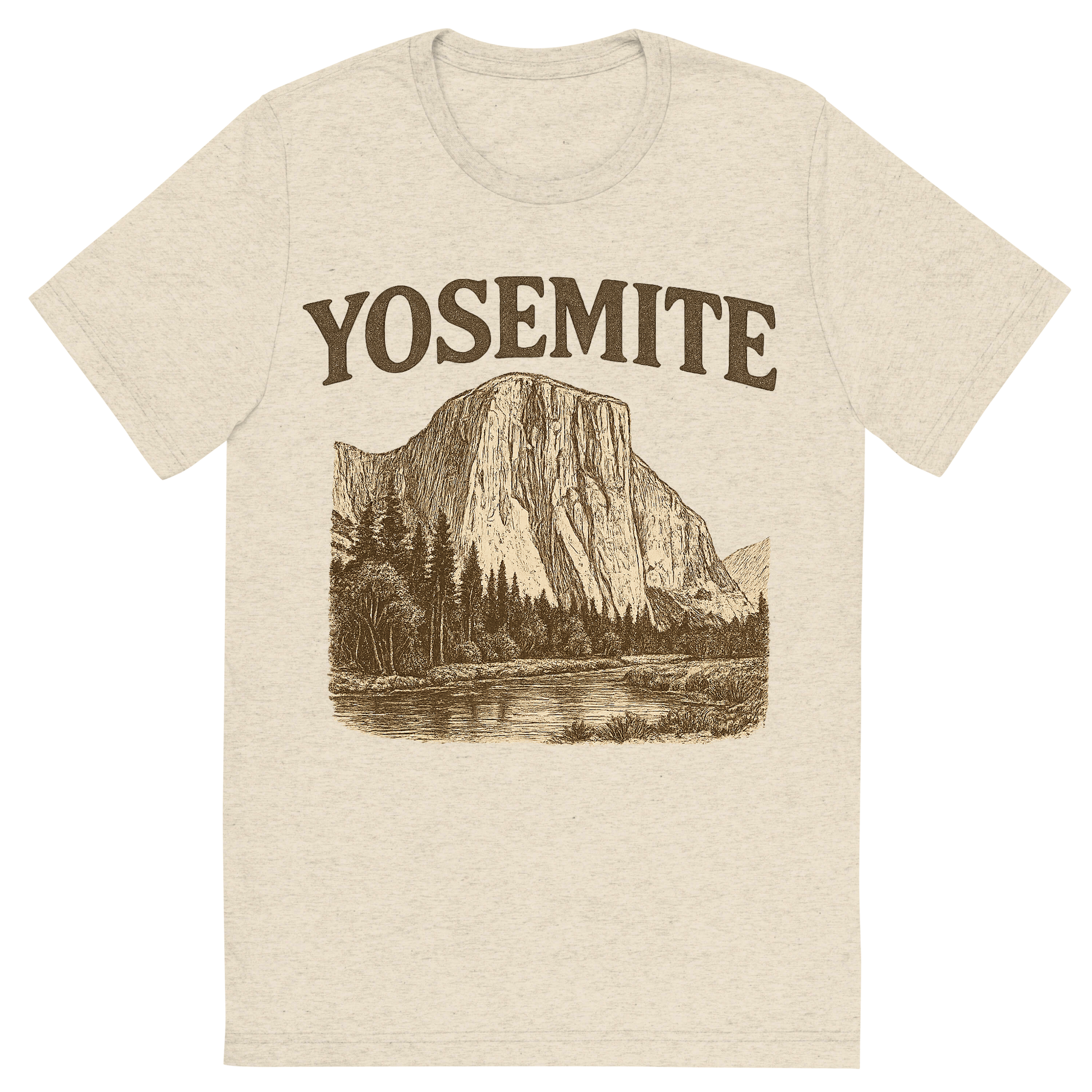 Front view of a Premium Tri-Blend Crew Neck T-Shirt in Oatmeal showing 'A typographic, nostalgic graphic of a typographic illustration of the words 'yosemite' with a vintage line art drawing of el capitan'