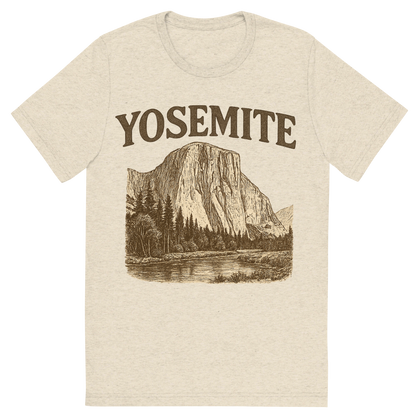 Front view of a Premium Tri-Blend Crew Neck T-Shirt in Oatmeal showing 'A typographic, nostalgic graphic of a typographic illustration of the words 'yosemite' with a vintage line art drawing of el capitan'