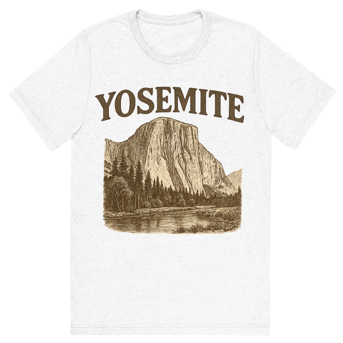 Front view of a Premium Tri-Blend Crew Neck T-Shirt in Solid White showing 'A typographic, nostalgic graphic of a typographic illustration of the words 'yosemite' with a vintage line art drawing of el capitan'