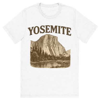 Front view of a Premium Tri-Blend Crew Neck T-Shirt in Solid White showing 'A typographic, nostalgic graphic of a typographic illustration of the words 'yosemite' with a vintage line art drawing of el capitan'