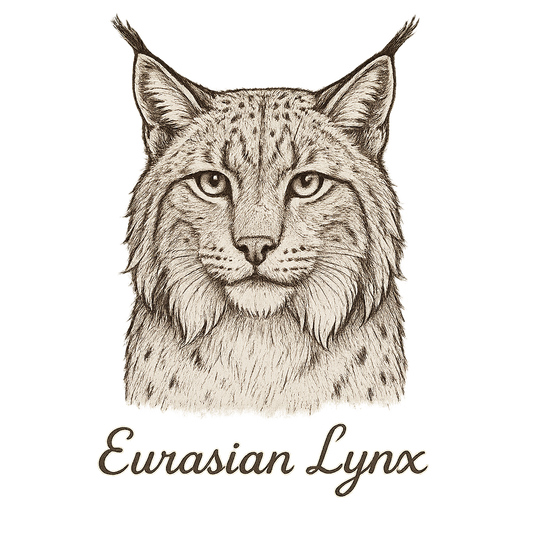 A flat, neutral graphic of a detailed sketch of a eurasian lynx with bushy cheeks and tufted ears. “eurasian lynx” is inscribed below in elegant handwriting. – a t-shirt design