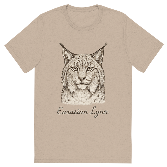 Front view of a Premium Tri-Blend Crew Neck T-Shirt in Tan showing 'A flat, neutral graphic of a detailed sketch of a eurasian lynx with bushy cheeks and tufted ears. “eurasian lynx” is inscribed below in elegant handwriting.'