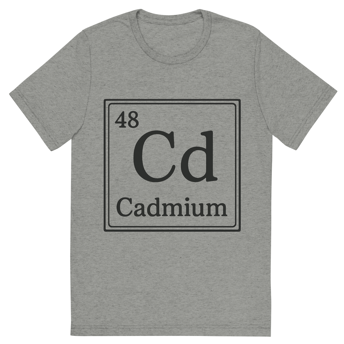 Front view of a Premium Tri-Blend Crew Neck T-Shirt in Athletic Grey showing 'A line art, nostalgic graphic of cadmium's entry on the periodic table, use a dark color for the lines and text'