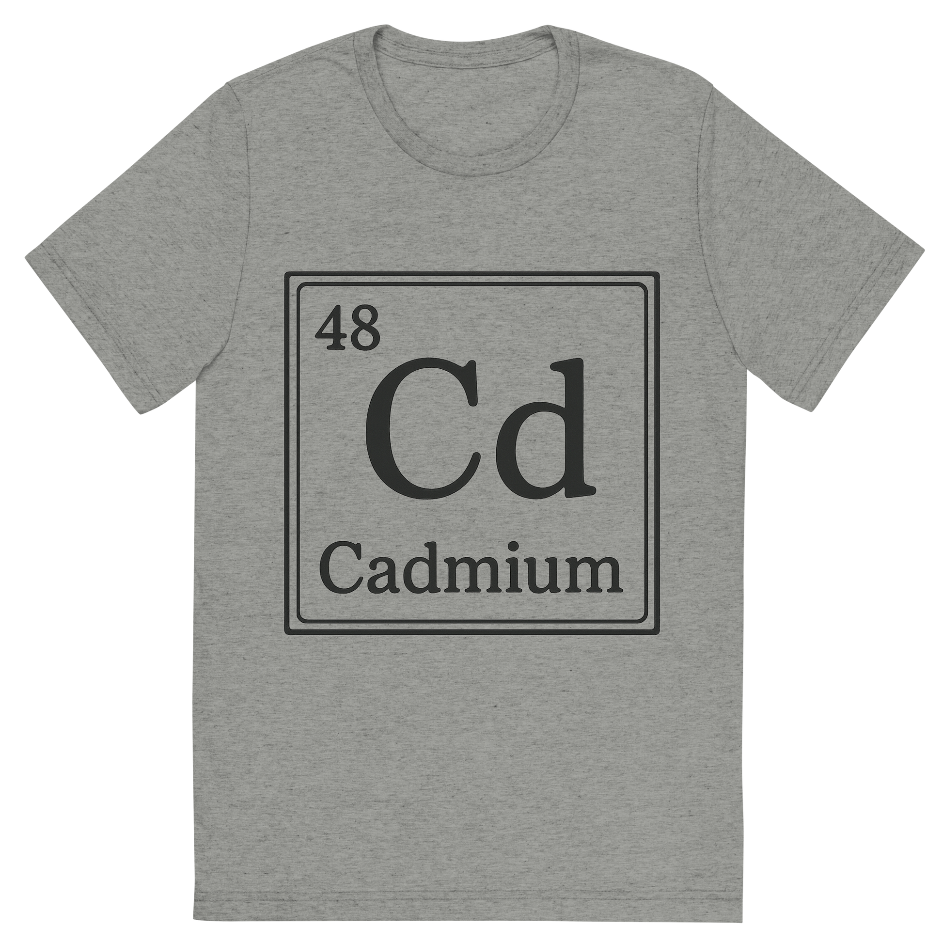 Front view of a Premium Tri-Blend Crew Neck T-Shirt in Athletic Grey showing 'A line art, nostalgic graphic of cadmium's entry on the periodic table, use a dark color for the lines and text'