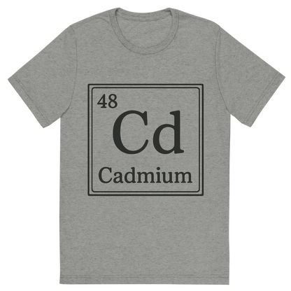 Front view of a Premium Tri-Blend Crew Neck T-Shirt in Athletic Grey showing 'A line art, nostalgic graphic of cadmium's entry on the periodic table, use a dark color for the lines and text'