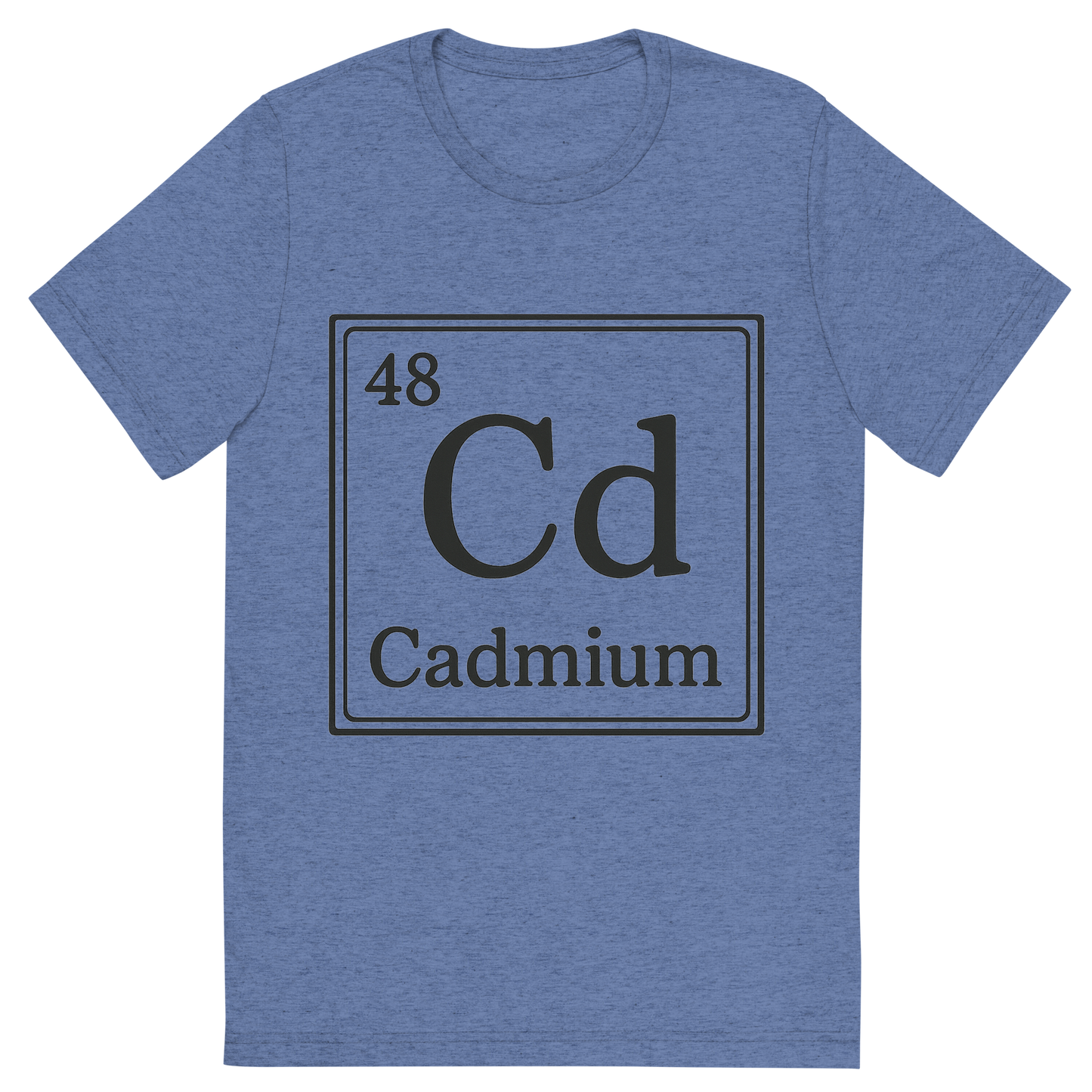 Front view of a Premium Tri-Blend Crew Neck T-Shirt in Blue showing 'A line art, nostalgic graphic of cadmium's entry on the periodic table, use a dark color for the lines and text'