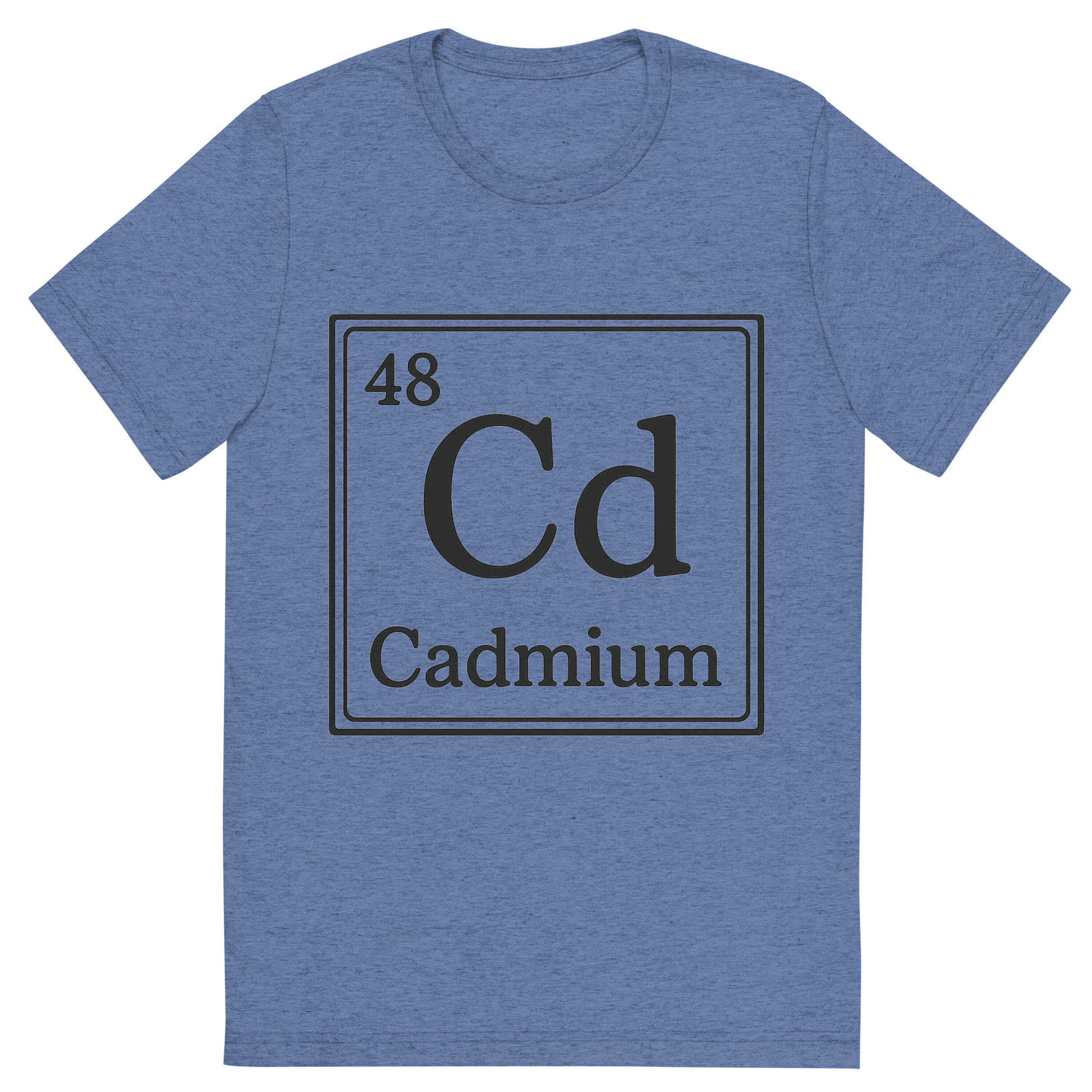 Front view of a Premium Tri-Blend Crew Neck T-Shirt in Blue showing 'A line art, nostalgic graphic of cadmium's entry on the periodic table, use a dark color for the lines and text'
