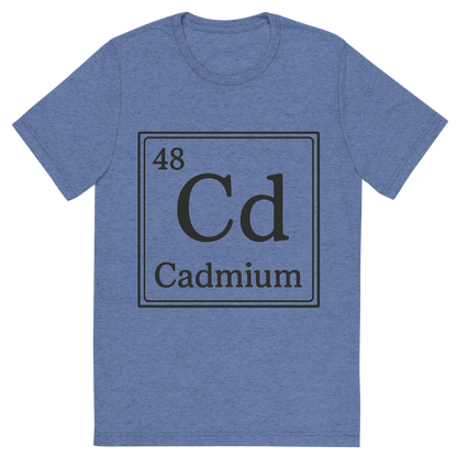 Front view of a Premium Tri-Blend Crew Neck T-Shirt in Blue showing 'A line art, nostalgic graphic of cadmium's entry on the periodic table, use a dark color for the lines and text'