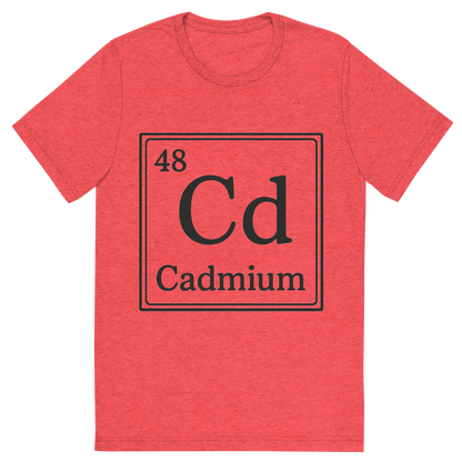 Front view of a Premium Tri-Blend Crew Neck T-Shirt in Red showing 'A line art, nostalgic graphic of cadmium's entry on the periodic table, use a dark color for the lines and text'