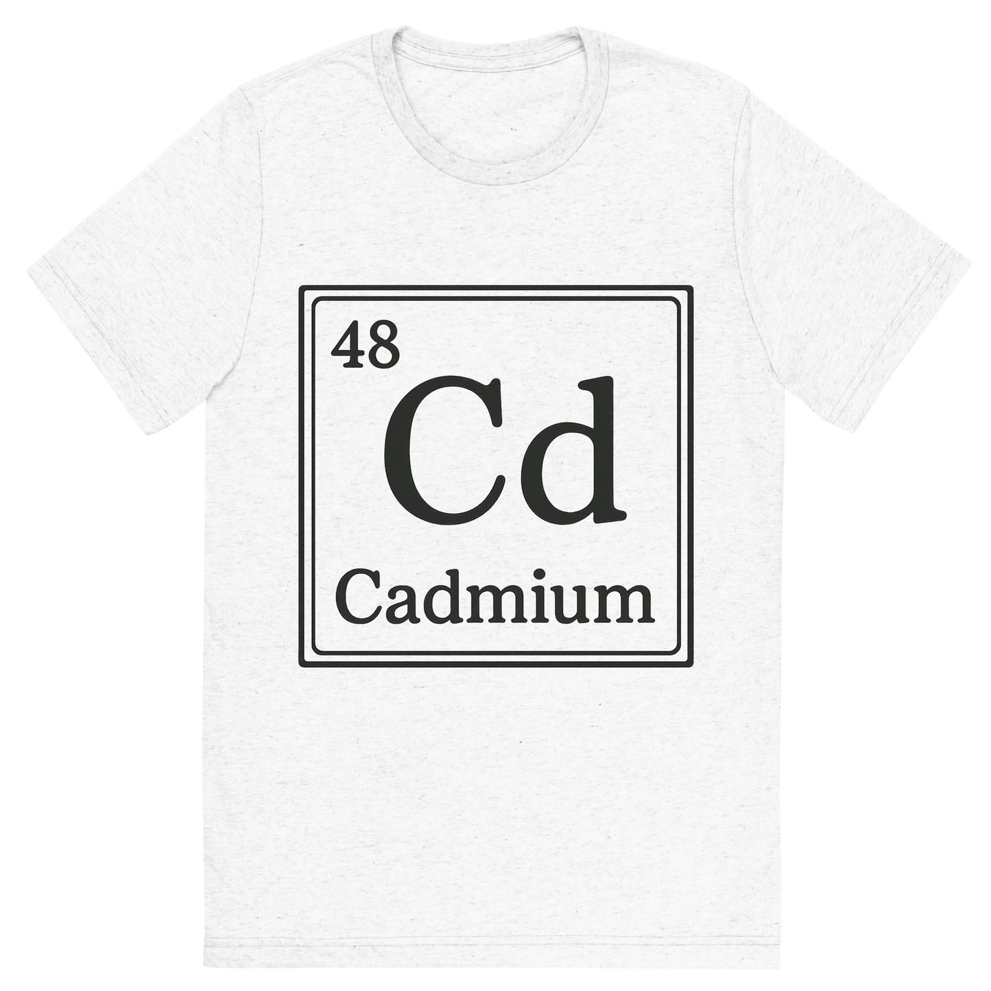 Front view of a Premium Tri-Blend Crew Neck T-Shirt in Solid White showing 'A line art, nostalgic graphic of cadmium's entry on the periodic table, use a dark color for the lines and text'