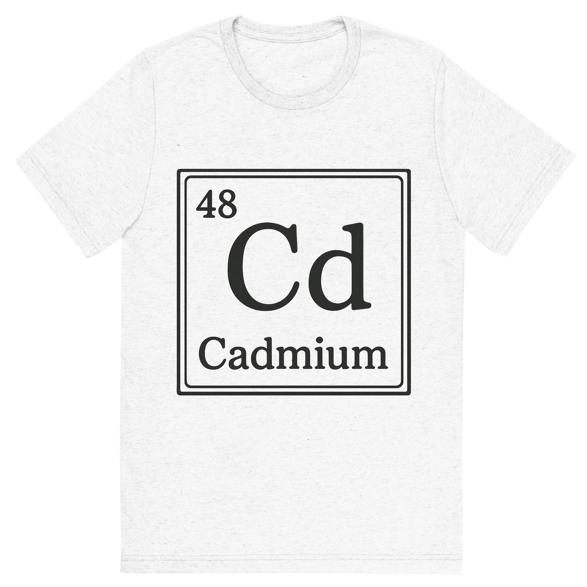 Front view of a Premium Tri-Blend Crew Neck T-Shirt in Solid White showing 'A line art, nostalgic graphic of cadmium's entry on the periodic table, use a dark color for the lines and text'