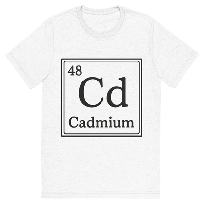 Front view of a Premium Tri-Blend Crew Neck T-Shirt in Solid White showing 'A line art, nostalgic graphic of cadmium's entry on the periodic table, use a dark color for the lines and text'