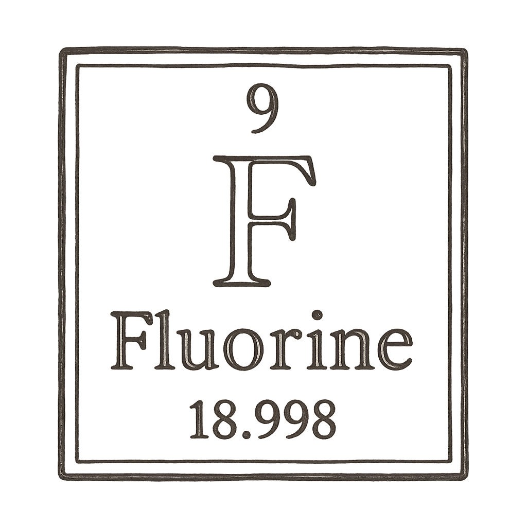 A line art, nostalgic graphic of fluorine's entry on the periodic table, use a dark color for the lines and text – a t-shirt design