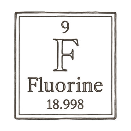 A line art, nostalgic graphic of fluorine's entry on the periodic table, use a dark color for the lines and text – a t-shirt design