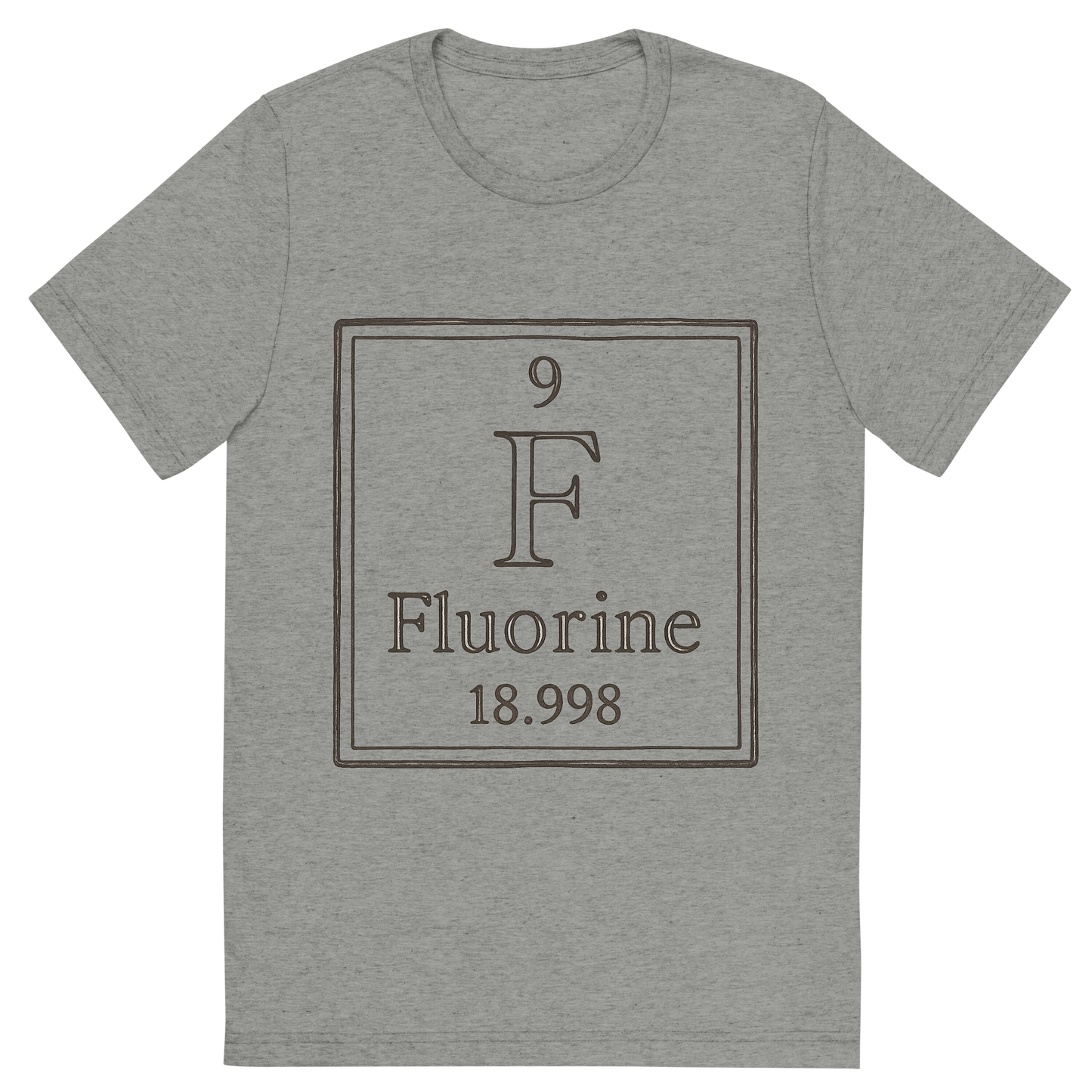 Front view of a Premium Tri-Blend Crew Neck T-Shirt in Athletic Grey showing 'A line art, nostalgic graphic of fluorine's entry on the periodic table, use a dark color for the lines and text'