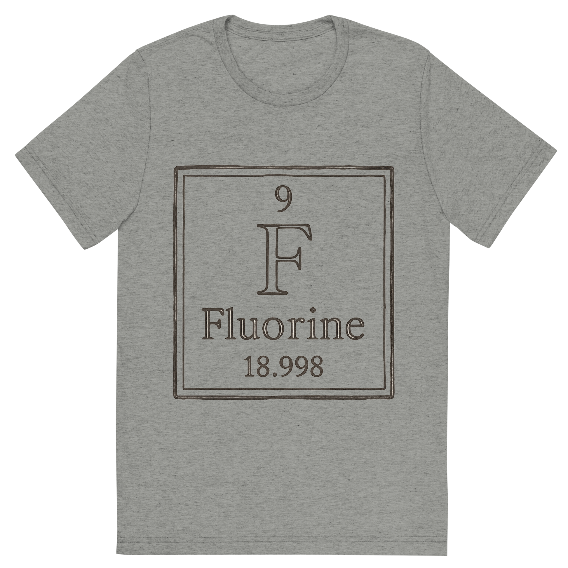 Front view of a Premium Tri-Blend Crew Neck T-Shirt in Athletic Grey showing 'A line art, nostalgic graphic of fluorine's entry on the periodic table, use a dark color for the lines and text'