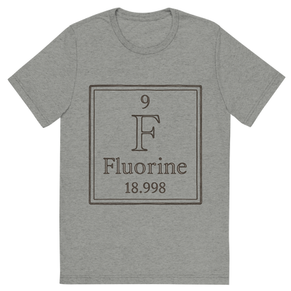 Front view of a Premium Tri-Blend Crew Neck T-Shirt in Athletic Grey showing 'A line art, nostalgic graphic of fluorine's entry on the periodic table, use a dark color for the lines and text'