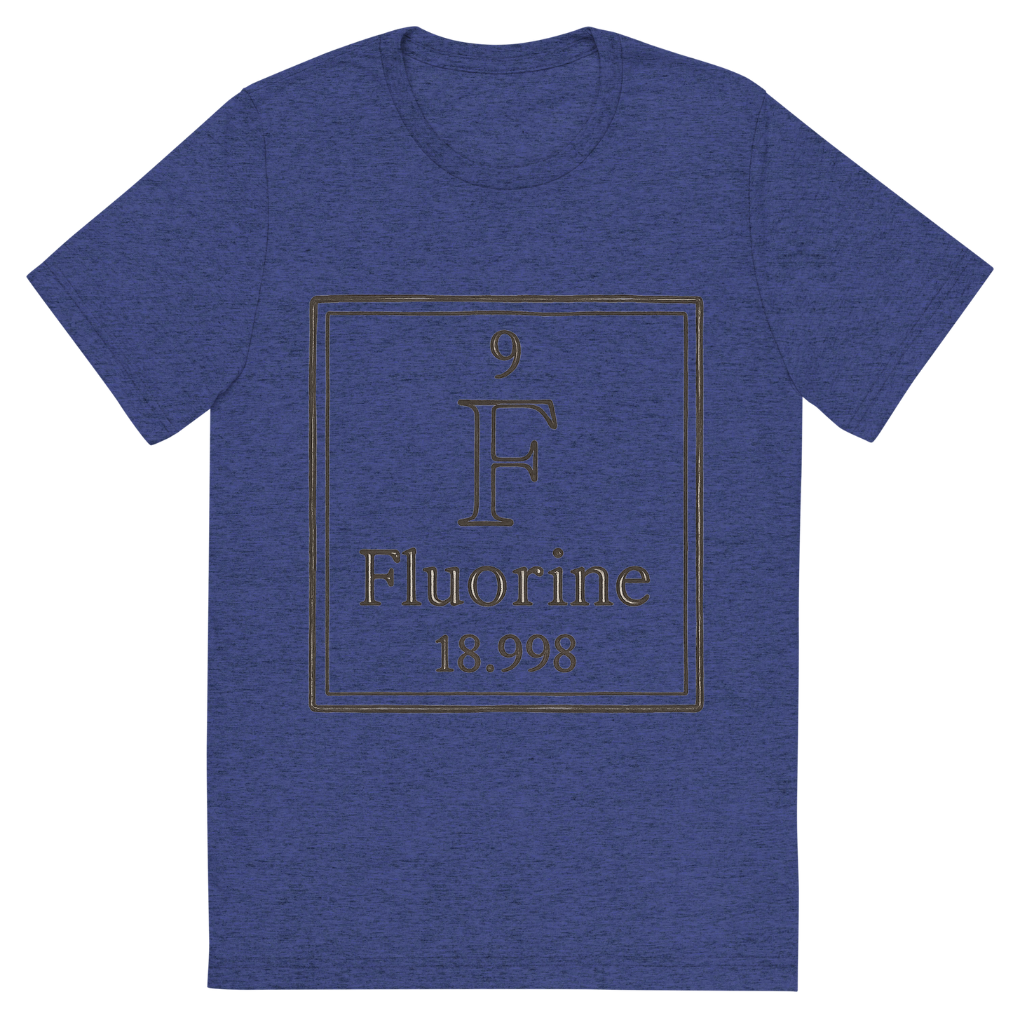 Front view of a Premium Tri-Blend Crew Neck T-Shirt in Navy showing 'A line art, nostalgic graphic of fluorine's entry on the periodic table, use a dark color for the lines and text'
