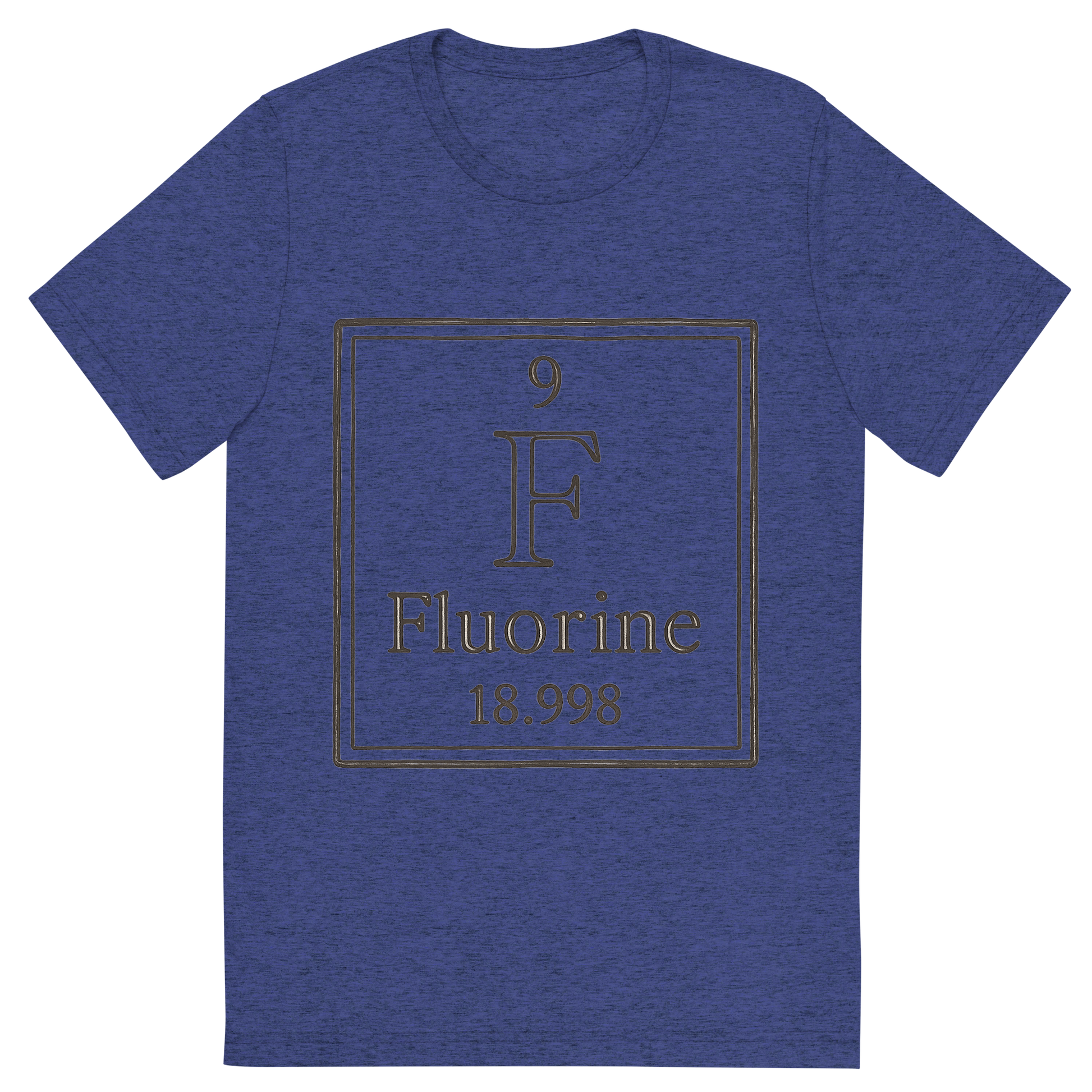 Front view of a Premium Tri-Blend Crew Neck T-Shirt in Navy showing 'A line art, nostalgic graphic of fluorine's entry on the periodic table, use a dark color for the lines and text'