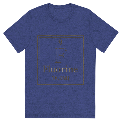 Front view of a Premium Tri-Blend Crew Neck T-Shirt in Navy showing 'A line art, nostalgic graphic of fluorine's entry on the periodic table, use a dark color for the lines and text'
