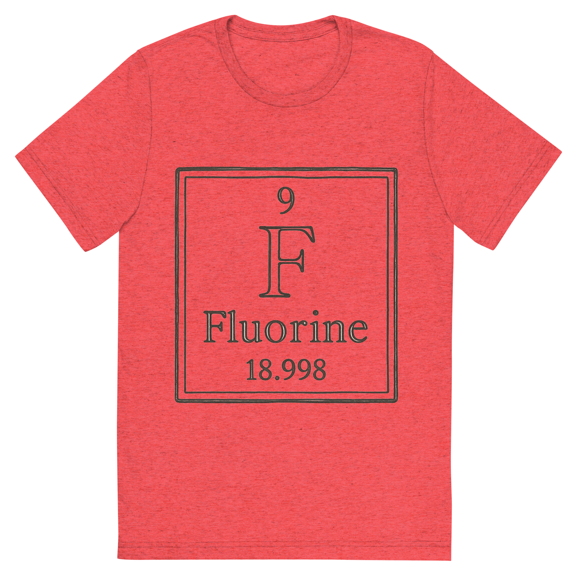 Front view of a Premium Tri-Blend Crew Neck T-Shirt in Red showing 'A line art, nostalgic graphic of fluorine's entry on the periodic table, use a dark color for the lines and text'
