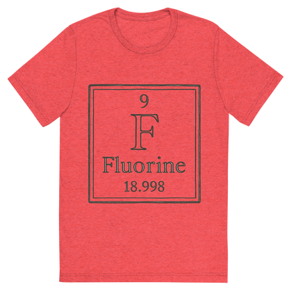 Front view of a Premium Tri-Blend Crew Neck T-Shirt in Red showing 'A line art, nostalgic graphic of fluorine's entry on the periodic table, use a dark color for the lines and text'