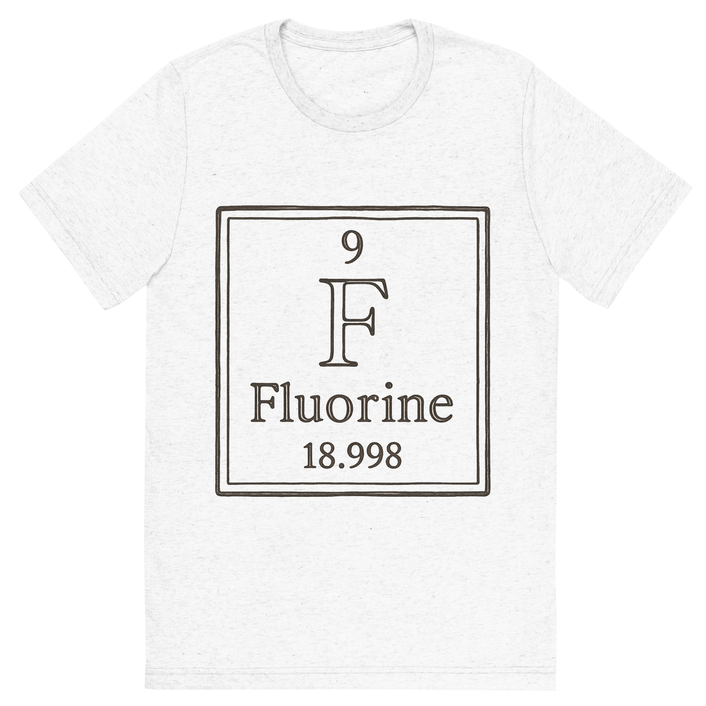 Front view of a Premium Tri-Blend Crew Neck T-Shirt in Solid White showing 'A line art, nostalgic graphic of fluorine's entry on the periodic table, use a dark color for the lines and text'