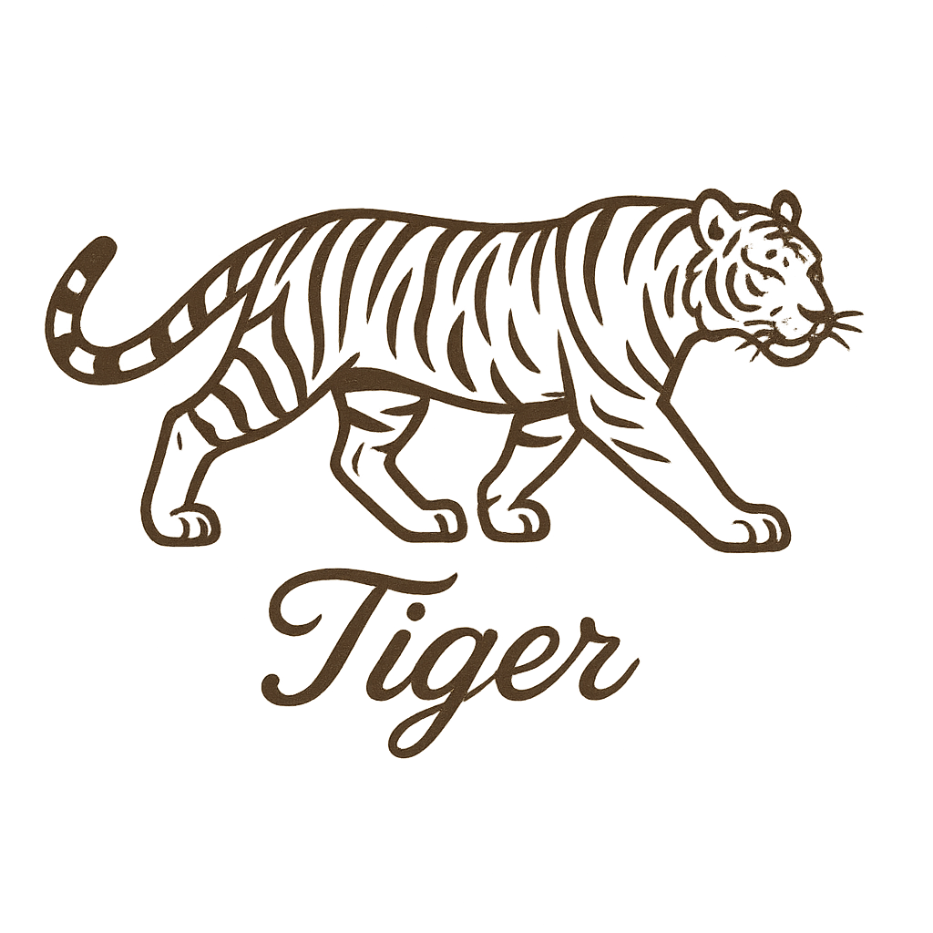 A flat, neutral graphic of a stylized sketch of a tiger mid-stride with distinctive stripes. “tiger” appears in graceful cursive below. clean linework on a white background. – a t-shirt design