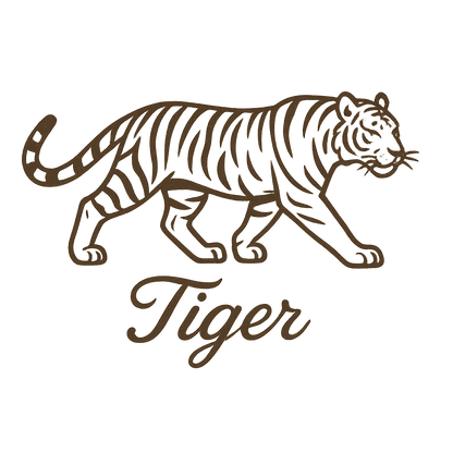 A flat, neutral graphic of a stylized sketch of a tiger mid-stride with distinctive stripes. “tiger” appears in graceful cursive below. clean linework on a white background. – a t-shirt design