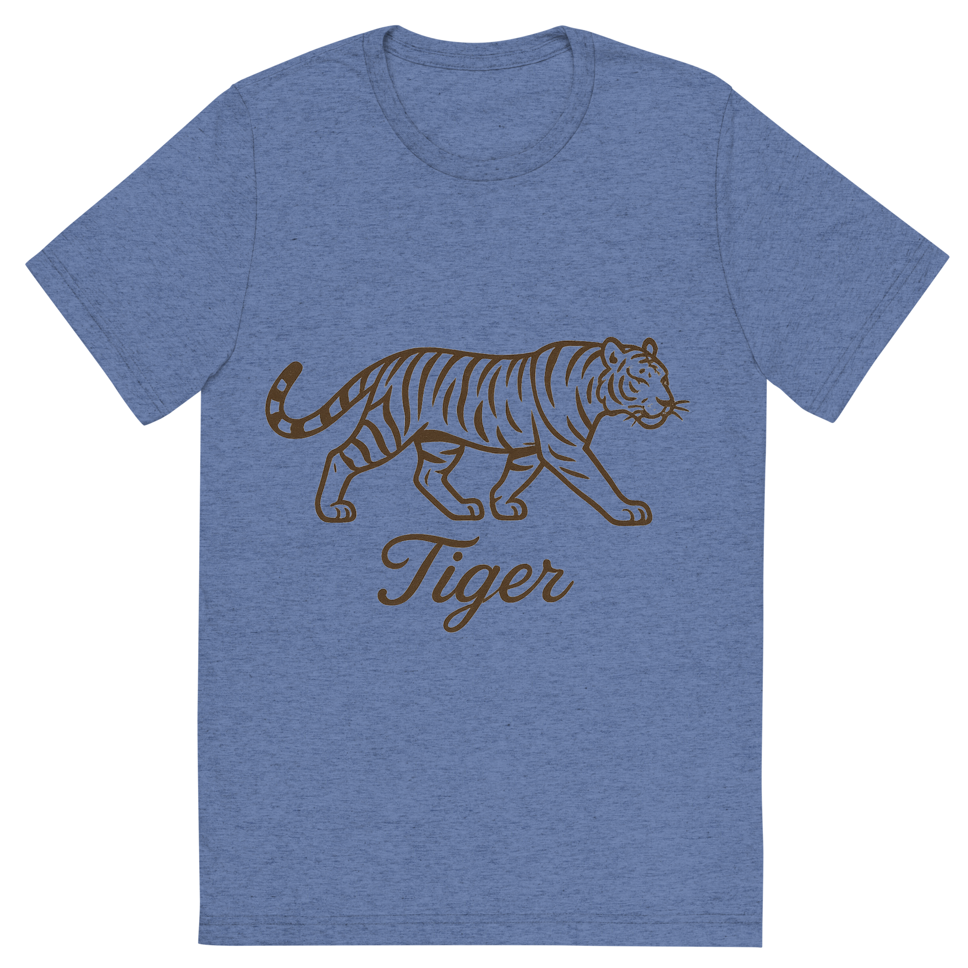 Front view of a Premium Tri-Blend Crew Neck T-Shirt in Blue showing 'A flat, neutral graphic of a stylized sketch of a tiger mid-stride with distinctive stripes. “tiger” appears in graceful cursive below. clean linework on a white background.'