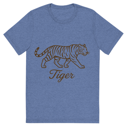 Front view of a Premium Tri-Blend Crew Neck T-Shirt in Blue showing 'A flat, neutral graphic of a stylized sketch of a tiger mid-stride with distinctive stripes. “tiger” appears in graceful cursive below. clean linework on a white background.'