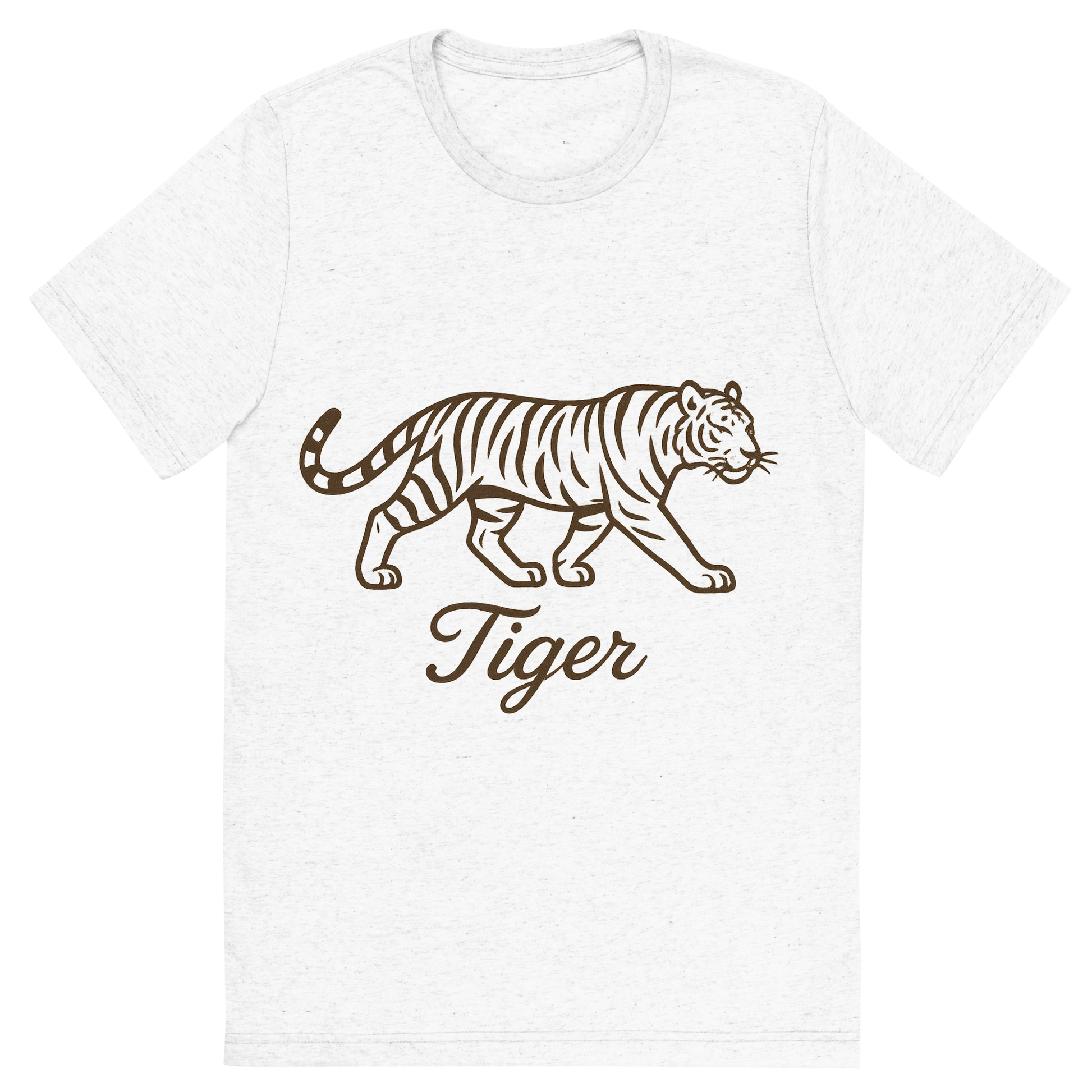 Front view of a Premium Tri-Blend Crew Neck T-Shirt in Solid White showing 'A flat, neutral graphic of a stylized sketch of a tiger mid-stride with distinctive stripes. “tiger” appears in graceful cursive below. clean linework on a white background.'