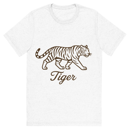 Front view of a Premium Tri-Blend Crew Neck T-Shirt in Solid White showing 'A flat, neutral graphic of a stylized sketch of a tiger mid-stride with distinctive stripes. “tiger” appears in graceful cursive below. clean linework on a white background.'