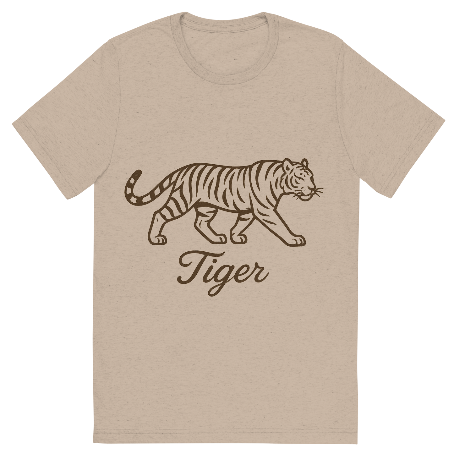 Front view of a Premium Tri-Blend Crew Neck T-Shirt in Tan showing 'A flat, neutral graphic of a stylized sketch of a tiger mid-stride with distinctive stripes. “tiger” appears in graceful cursive below. clean linework on a white background.'